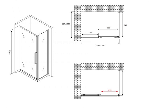 Душевой уголок ABBER Schwarzer Diamant AG30160BMH-S100BM 160x100 см универсальный, профиль черный, стекло матовое Душевой уголок ABBER Schwarzer Diamant AG30160BMH-S100BM 160x100 см универсальный, профиль черный, стекло матовое