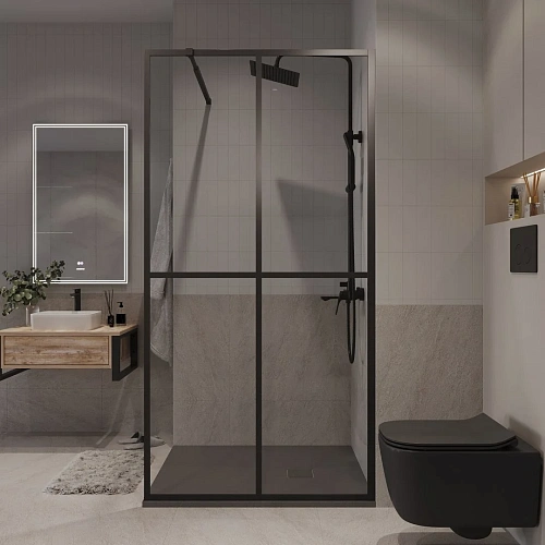 Душевая перегородка Niagara Nova NG-686-90BLACK (90x195) черный матовый, стекло прозрачное с рисунком Душевая перегородка Niagara Nova NG-686-90BLACK (90x195) черный матовый, стекло прозрачное с рисунком