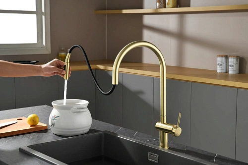 Смеситель для кухни AQUAme Cucina AQM9901BG с выдвижным изливом, золото шлифованное Смеситель для кухни AQUAme Cucina AQM9901BG с выдвижным изливом, золото шлифованное