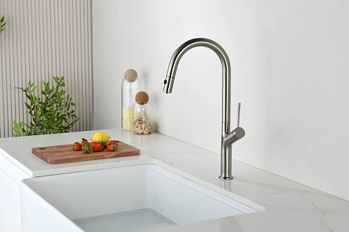 Смеситель для кухни AQUAme Cucina AQM9905BN с выдвижным изливом, с подключением к фильтру с питьевой водой, никель шлифованный Смеситель для кухни AQUAme Cucina AQM9905BN с выдвижным изливом, с подключением к фильтру с питьевой водой, никель шлифованный