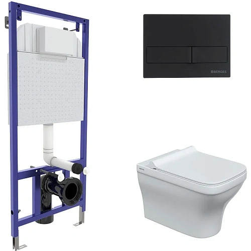 Комплект унитаза BERGES Strati Rimless с инсталляцией NOVUM кнопкой L5 черной SoftTouch, сидение дюр 042449 Комплект унитаза BERGES Strati Rimless с инсталляцией NOVUM кнопкой L5 черной SoftTouch, сидение дюр 042449