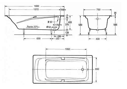 Ванна чугунная Jacob Delafon Repos 160x75 E2929-00 Ванна чугунная Jacob Delafon Repos 160x75 E2929-00