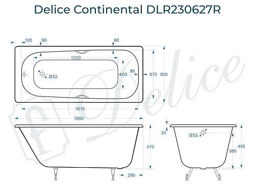 Ванна чугунная Delice Continental 180х80 с отверстиями под ручки DLR230627R Ванна чугунная Delice Continental 180х80 с отверстиями под ручки DLR230627R