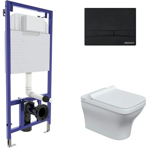 Комплект унитаза BERGES Strati Rimless с инсталляцией NOVUM кнопкой F5 черной SoftTouch, сидение дюр 042451 Комплект унитаза BERGES Strati Rimless с инсталляцией NOVUM кнопкой F5 черной SoftTouch, сидение дюр 042451