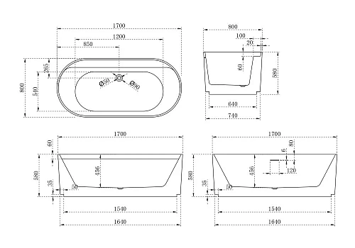 Ванна отдельностоящая ABBER AB9444MW 170x80 универсальная, белая матовая, акриловая Ванна отдельностоящая ABBER AB9444MW 170x80 универсальная, белая матовая, акриловая