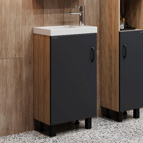 Тумба под раковину Onika Тимбер 45 см 104509 напольная, серая мат./дуб сонома (для Фостер 45) Тумба под раковину Onika Тимбер 45 см 104509 напольная, серая мат./дуб сонома (для Фостер 45)