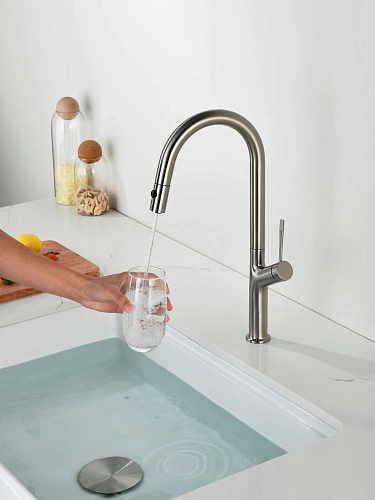 Смеситель для кухни AQUAme Cucina AQM9905BN с выдвижным изливом, с подключением к фильтру с питьевой водой, никель шлифованный Смеситель для кухни AQUAme Cucina AQM9905BN с выдвижным изливом, с подключением к фильтру с питьевой водой, никель шлифованный