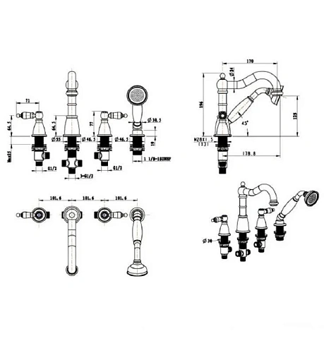 Смеситель на борт ванны Boheme Royal Cristal 395-Royal/CRST black Смеситель на борт ванны Boheme Royal Cristal 395-Royal/CRST black