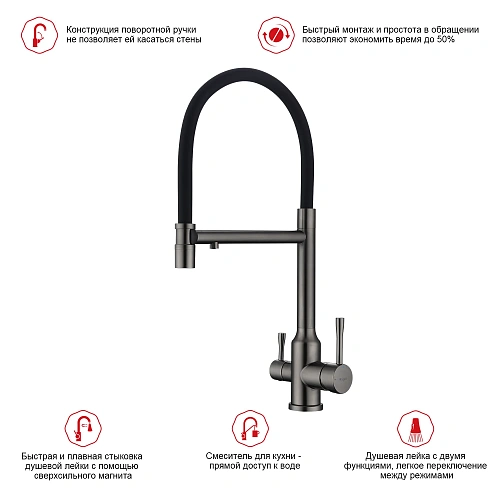 Смеситель для кухни Raglo R81.63.09 с гибким изливом с подключением к фильтру, графит Смеситель для кухни Raglo R81.63.09 с гибким изливом с подключением к фильтру, графит