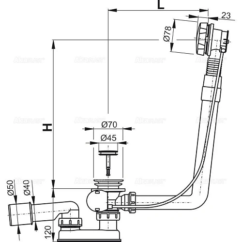 Слив-перелив Alcaplast A550K-80 (длина 80 cм) автомат, металл Слив-перелив Alcaplast A550K-80 (длина 80 cм) автомат, металл