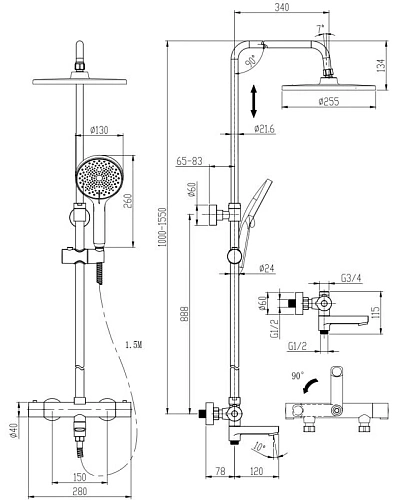 Душевая система Cersanit VIVO (A64848) с изливом (смеситель термостатический) 3 режима шланг 150 металл круг 64848 Душевая система Cersanit VIVO (A64848) с изливом (смеситель термостатический) 3 режима шланг 150 металл круг 64848