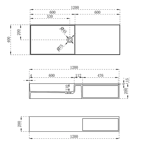 Раковина Vincea VWB-6S112MW, 1200x400x200 из искусственного камня, подвесная, цвет белый матовый Раковина Vincea VWB-6S112MW, 1200x400x200 из искусственного камня, подвесная, цвет белый матовый