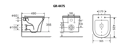 Унитаз подвесной GROSSMAN GR-4475S Style 490x365x355 безободковый с тонкой крышкой Унитаз подвесной GROSSMAN GR-4475S Style 490x365x355 безободковый с тонкой крышкой