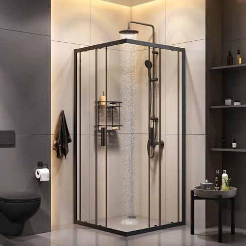 Душевой уголок AM.PM Gem 90х90 WK93EP с душевой системой и аксессуарами, профиль черный матовый, стекло прозрачное Душевой уголок AM.PM Gem 90х90 WK93EP с душевой системой и аксессуарами, профиль черный матовый, стекло прозрачное