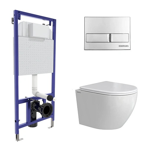 Комплект инсталляции BERGES NOVUM с клавишей смыва L3 хром глянец, унитазом OKUS Rimless 49 см и сиденьем микролифт, быстросъём 043386 Комплект инсталляции BERGES NOVUM с клавишей смыва L3 хром глянец, унитазом OKUS Rimless 49 см и сиденьем микролифт, быстросъём 043386