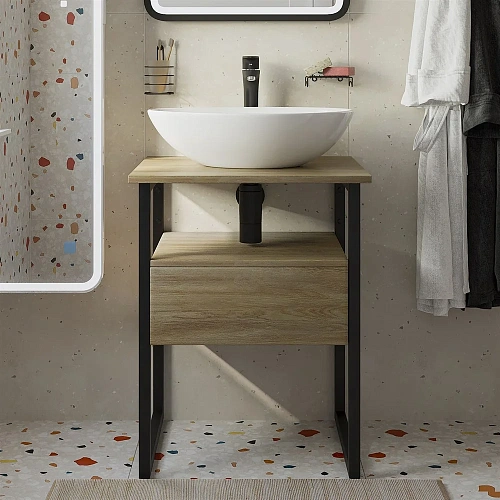 Тумба с раковиной DIWO Элиста 60 светлое дерево с раковиной Moduo 55 Leaf, чёрный муар 573417 Тумба с раковиной DIWO Элиста 60 светлое дерево с раковиной Moduo 55 Leaf, чёрный муар 573417