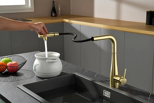 Смеситель для кухни AQUAme Cucina AQM9902BG с выдвижным изливом, золото шлифованное Смеситель для кухни AQUAme Cucina AQM9902BG с выдвижным изливом, золото шлифованное