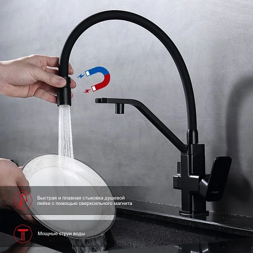Смеситель для кухни Raglo R85.62.06 с гибким изливом с подключением к фильтру, черный Смеситель для кухни Raglo R85.62.06 с гибким изливом с подключением к фильтру, черный
