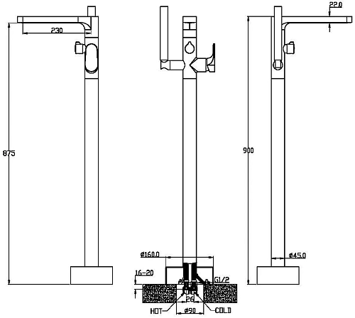 Смеситель для ванны Boheme SPECTRE Gold напольный 459-G Смеситель для ванны Boheme SPECTRE Gold напольный 459-G