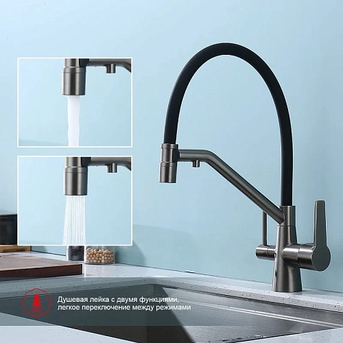 Смеситель для кухни Raglo R80.62.09 с гибким изливом с подключением к фильтру, графит Смеситель для кухни Raglo R80.62.09 с гибким изливом с подключением к фильтру, графит