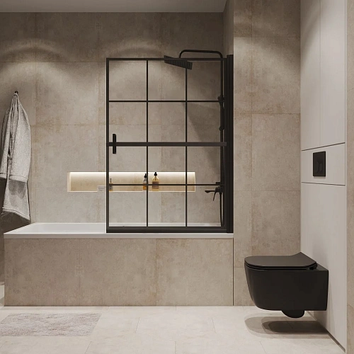 Шторка на ванну Niagara Nova NG-08-90BLACK (90x140) черный матовый, стекло прозрачное с рисунком клетка Шторка на ванну Niagara Nova NG-08-90BLACK (90x140) черный матовый, стекло прозрачное с рисунком клетка