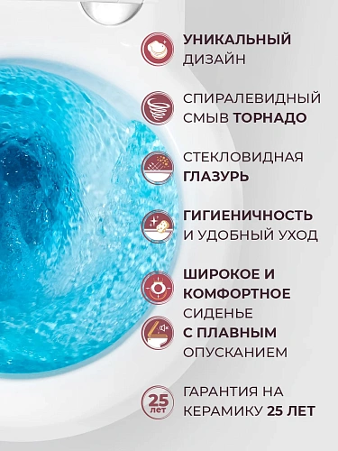 Унитаз подвесной CEZARES GRANDE CZR-308-TH-TOR/SC безободковый с сиденьем и смывом TORNADO Унитаз подвесной CEZARES GRANDE CZR-308-TH-TOR/SC безободковый с сиденьем и смывом TORNADO