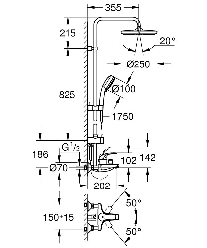 Душевая система GROHE Tempesta Cosmopolitan 250 со смесителем для ванны хром (26674000) Душевая система GROHE Tempesta Cosmopolitan 250 со смесителем для ванны хром (26674000)