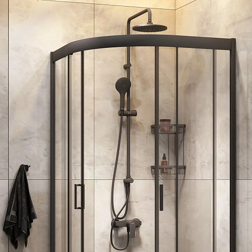 Душевой уголок AM.PM Gem 90x90 WK90EN с душевой системой и аксессуарами, профиль черный матовый, стекло прозрачное Душевой уголок AM.PM Gem 90x90 WK90EN с душевой системой и аксессуарами, профиль черный матовый, стекло прозрачное