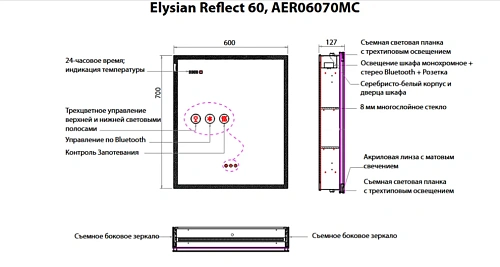 Зеркальный шкаф ArtDecco Elysian Reflect 60 AER06070MC в алюминиевой раме, с подсветкой Зеркальный шкаф ArtDecco Elysian Reflect 60 AER06070MC в алюминиевой раме, с подсветкой