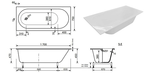 Ванна из искусственного камня Эстет Chester slim 1700x750 ФР-00015351 Ванна из искусственного камня Эстет Chester slim 1700x750 ФР-00015351