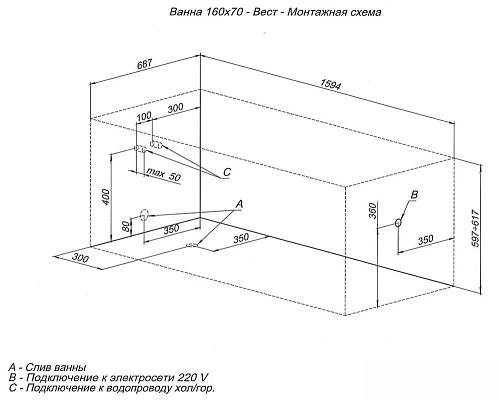 Акриловая ванна Aquanet West 160x70 (с каркасом) 00205564 Акриловая ванна Aquanet West 160x70 (с каркасом) 00205564