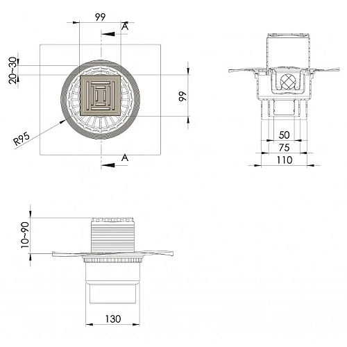 Душевой трап BERGES ZENTRUM Uno 100х100, матовый хром, выпуск D50/75/110 H74 вертикальный 090471 Душевой трап BERGES ZENTRUM Uno 100х100, матовый хром, выпуск D50/75/110 H74 вертикальный 090471