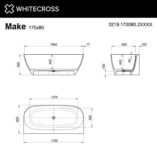 Ванна из искусственного камня WHITECROSS Make 170x80 RAL "AERO" хром 0219.170080.2XXXX.AERO.CR Ванна из искусственного камня WHITECROSS Make 170x80 RAL "AERO" хром 0219.170080.2XXXX.AERO.CR