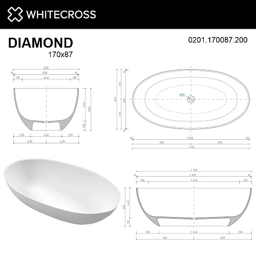 Ванна из искусственного камня WHITECROSS Diamond 170x87 (белый мат) 0201.170087.200 Ванна из искусственного камня WHITECROSS Diamond 170x87 (белый мат) 0201.170087.200