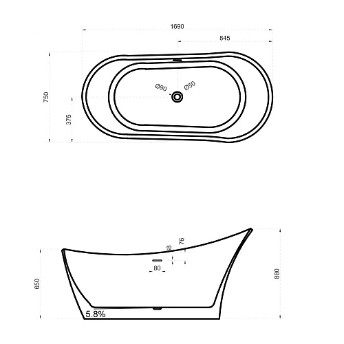 Ванна отдельностоящая ABBER AS9618 169x75 универсальная, белая матовая, искусственный камень Ванна отдельностоящая ABBER AS9618 169x75 универсальная, белая матовая, искусственный камень