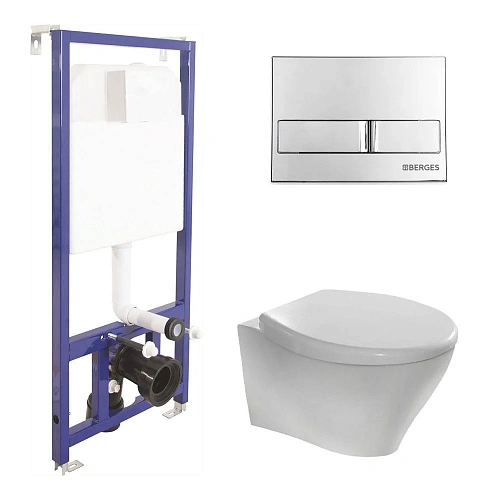 Комплект унитаза BERGES TOP Rimless с инсталляцией NOVUM525 Клавиша смыва L3 хром глянец, сидение ми 045213 Комплект унитаза BERGES TOP Rimless с инсталляцией NOVUM525 Клавиша смыва L3 хром глянец, сидение ми 045213
