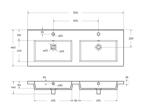 РаковинаCEZARES CZR-8070-120-2 с двумя чашами белый 1210x460 керамика РаковинаCEZARES CZR-8070-120-2 с двумя чашами белый 1210x460 керамика