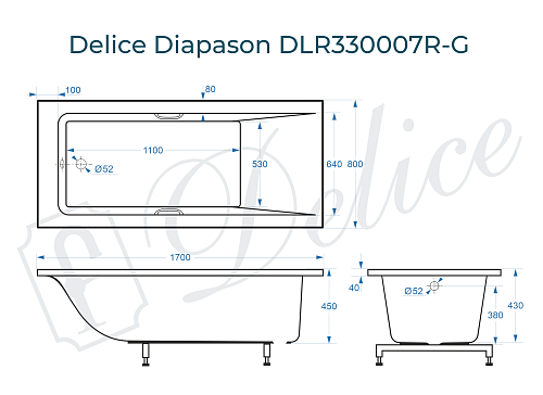 Ванна из искусственного камня Delice Diapason 170х80 DLR330007R-G с ручками хром, глянцевая Ванна из искусственного камня Delice Diapason 170х80 DLR330007R-G с ручками хром, глянцевая