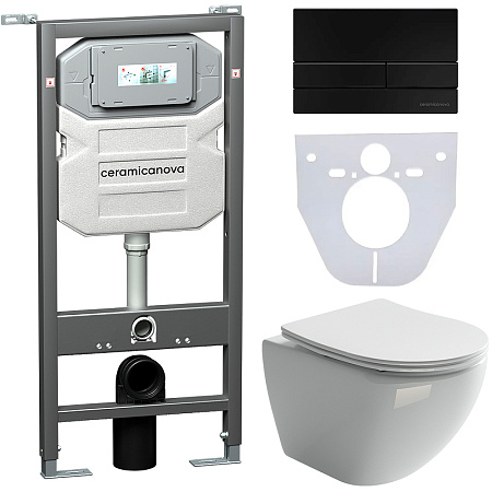Комплект унитаза Ceramica Nova Metropol Rimless CN4002 c шумоизоляцией CN1000 инсталляцией Envision клавишей смыва Flat черный матовый и креплениями CN1002B