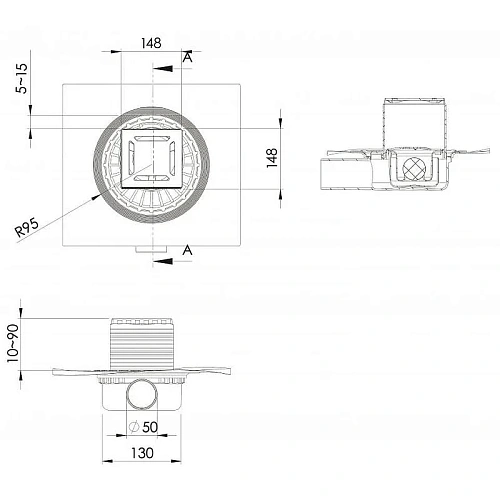 Душевой трап BERGES ZENTRUM Norma 150х150, матовый хром, выпуск D50 H65 боковой 090363 Душевой трап BERGES ZENTRUM Norma 150х150, матовый хром, выпуск D50 H65 боковой 090363