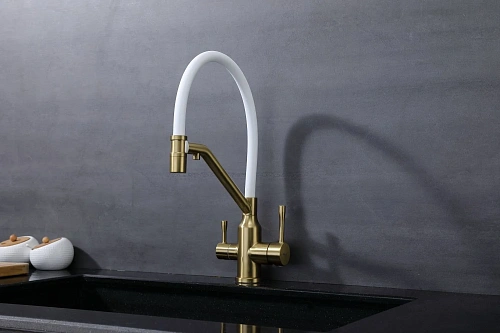 Смеситель для кухни Raglo R81.62.03 с гибким изливом с подключением к фильтру, золотой сатин Смеситель для кухни Raglo R81.62.03 с гибким изливом с подключением к фильтру, золотой сатин