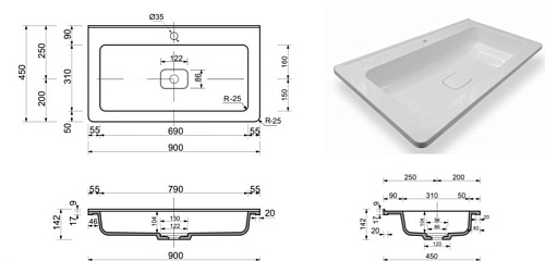 Раковина Эстет Каре Люкс 900х450 накладная ФР-00015152 Раковина Эстет Каре Люкс 900х450 накладная ФР-00015152