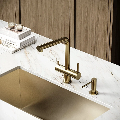 Смеситель для кухни SANCOS Spin SC4015BG с вытяжным изливом, c краном для фильтрованной воды брашированное золото Смеситель для кухни SANCOS Spin SC4015BG с вытяжным изливом, c краном для фильтрованной воды брашированное золото