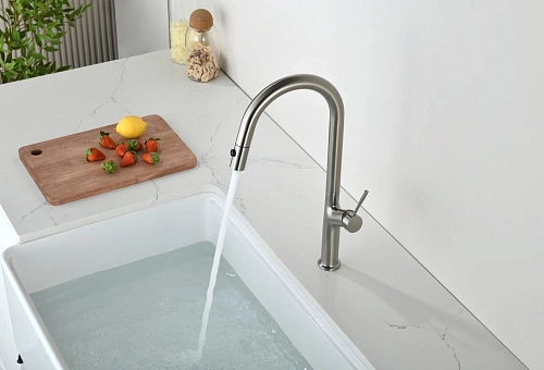 Смеситель для кухни AQUAme Cucina AQM9905BN с выдвижным изливом, с подключением к фильтру с питьевой водой, никель шлифованный Смеситель для кухни AQUAme Cucina AQM9905BN с выдвижным изливом, с подключением к фильтру с питьевой водой, никель шлифованный