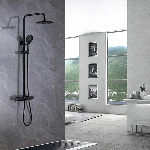 Душевая система ABBER Thermostat AF8516BL с термостатом и изливом, черный матовый Душевая система ABBER Thermostat AF8516BL с термостатом и изливом, черный матовый