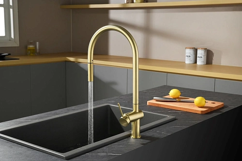 Смеситель для кухни AQUAme Cucina AQM9901BG с выдвижным изливом, золото шлифованное Смеситель для кухни AQUAme Cucina AQM9901BG с выдвижным изливом, золото шлифованное