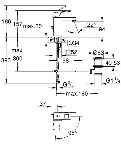 Смеситель для раковины GROHE Eurocube с донным клапаном и энергосберегающим картриджем, хром (233900 2339000E Смеситель для раковины GROHE Eurocube с донным клапаном и энергосберегающим картриджем, хром (233900 2339000E