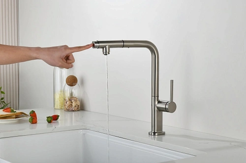 Смеситель для кухни AQUAme Cucina AQM9903BN с выдвижным изливом, с подключением к фильтру с питьевой водой, никель шлифованный Смеситель для кухни AQUAme Cucina AQM9903BN с выдвижным изливом, с подключением к фильтру с питьевой водой, никель шлифованный