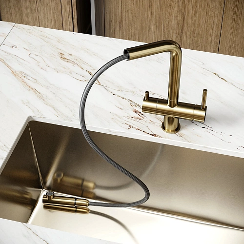 Смеситель для кухни SANCOS Spin SC4015BG с вытяжным изливом, c краном для фильтрованной воды брашированное золото Смеситель для кухни SANCOS Spin SC4015BG с вытяжным изливом, c краном для фильтрованной воды брашированное золото