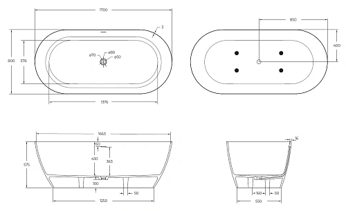 Ванна из искусственного камня CEZARES Solid Surface CZR-RELAX-170-80-57-SSB 1700x800x575 Ванна из искусственного камня CEZARES Solid Surface CZR-RELAX-170-80-57-SSB 1700x800x575